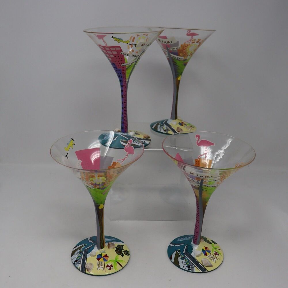 Lolita Martini Glass Collection Lot of 4 Hand Painted Glasses Miami South Beach